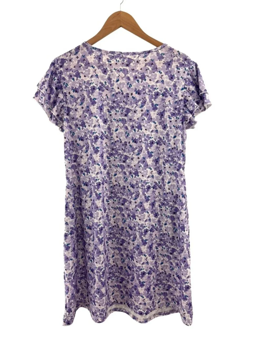 Purple Floral Print Short Ruffle Sleeve Shift Dress Size L Pockets Soft Knit